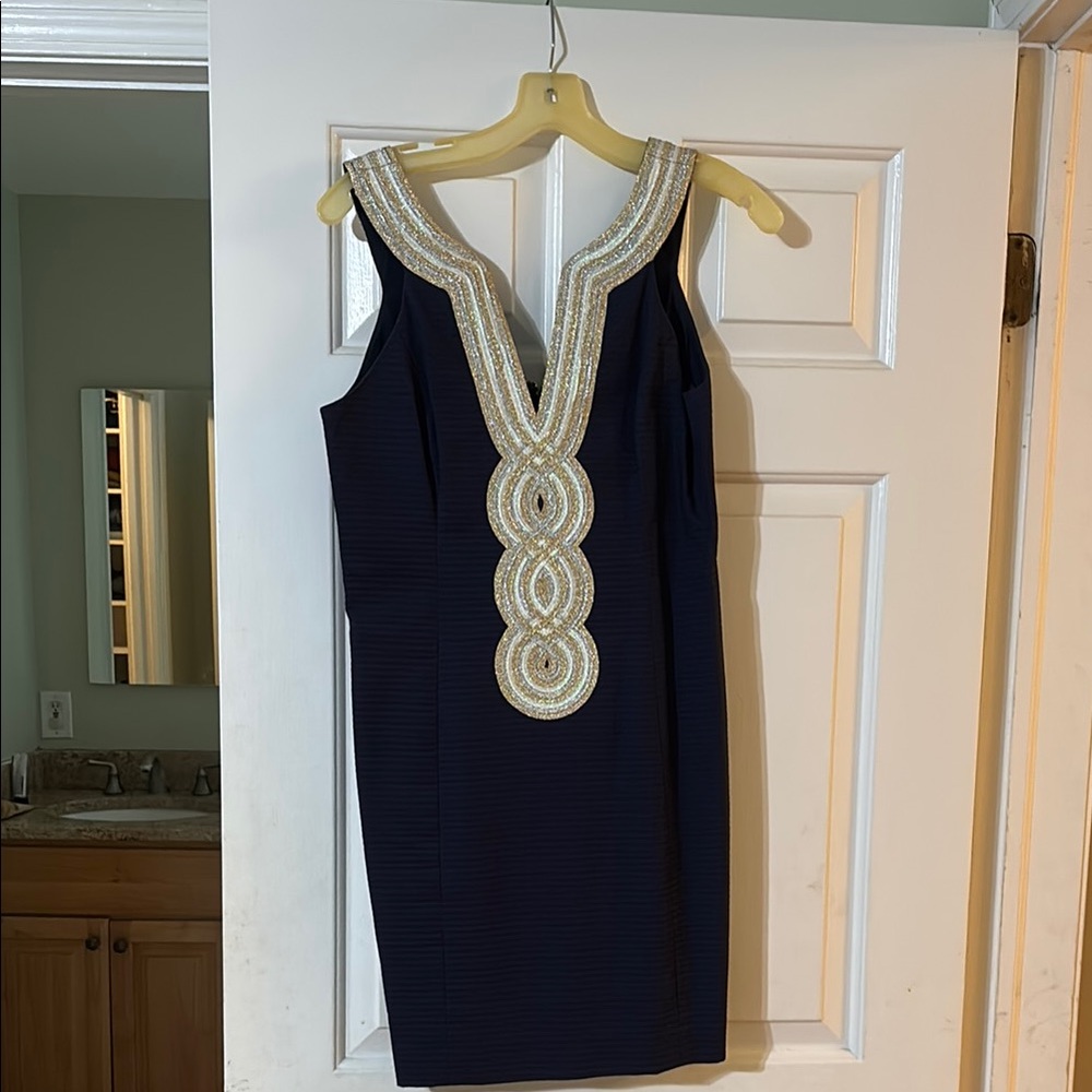 Lilly Pulitzer Blue and Black Sheath Mini Dress with Plunge Neckline